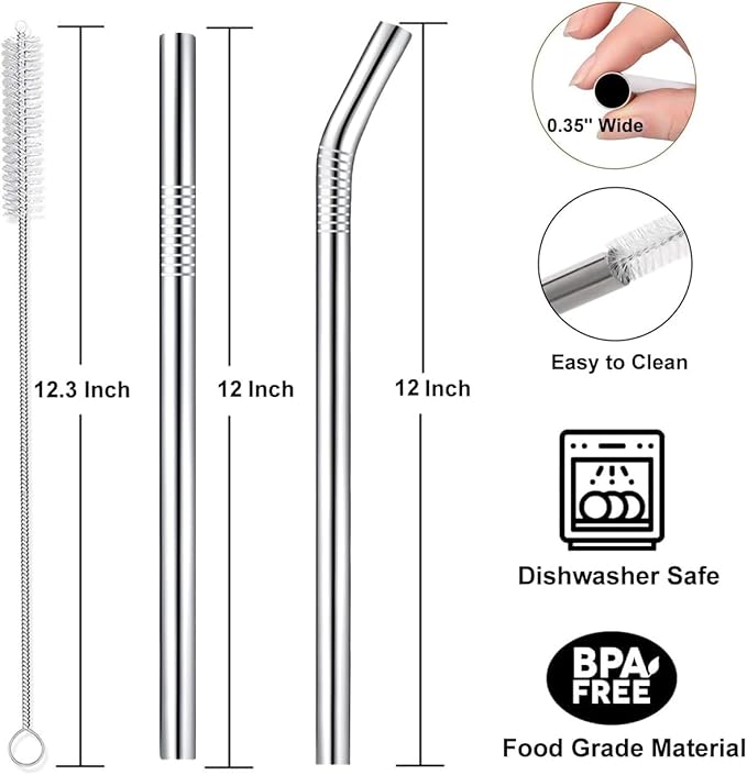 12" Stainless Steel Straws Replacement for Stanley Adventure Quencher 40 oz 30 oz Cup Tumbler, 4 Pack Metal Straws Reusable with Cleaning Brush for Stanley 40 oz & Simple Modern Tumbler with Handle