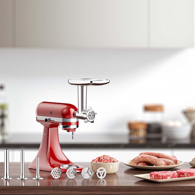 Metal Meat Grinder Attachment for KitchenAid Stand Mixers, Food Grinder Attachment Includes 4 Grinding Plates, 3 Sausage Stuffer Tubes, 2 Grinding Blades, Grinder and Sausage Stuffer by COFUN