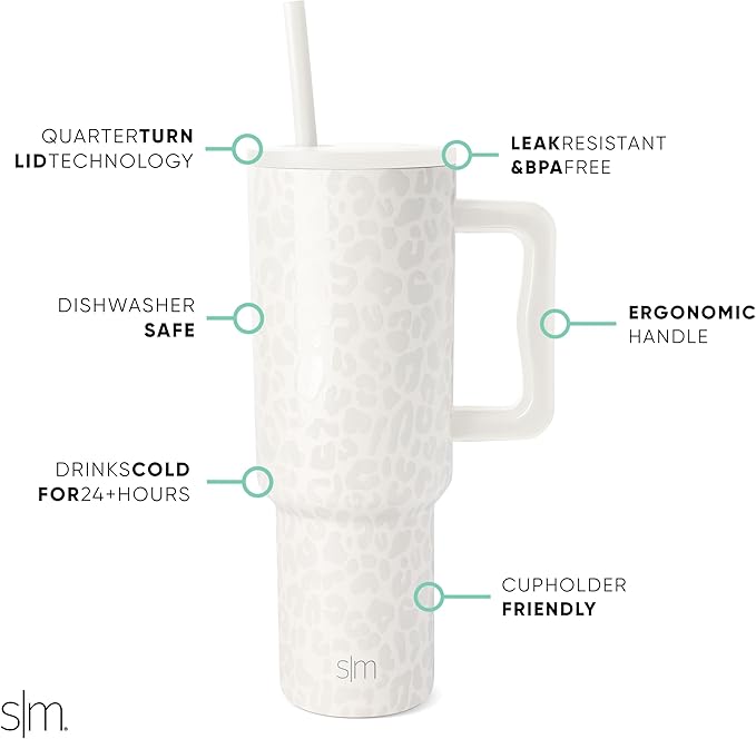 Simple Modern 40 oz Trek Tumbler with Handle and Straw Lid | Cup Holder Friendly Insulated Stainless Steel Travel Mug | Cream Leopard (Pack of 12)