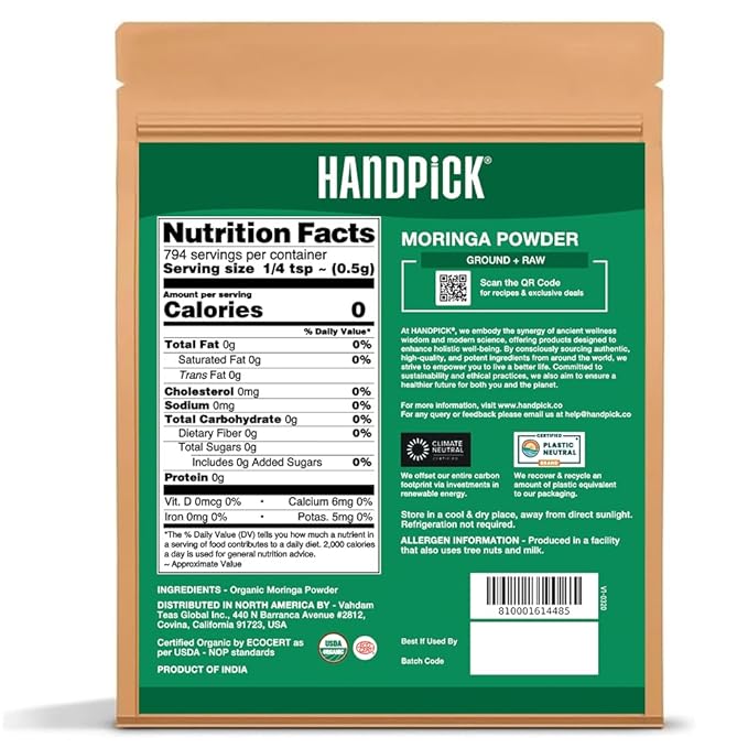 HANDPICK USDA Organic Moringa Powder (397g/14oz) Pure Moringa Oleifera Leaf Powder | Authentic Indian Origin | Gluten Free, Non-GMO | Perfect for Smoothies, Drinks, Tea & Recipes