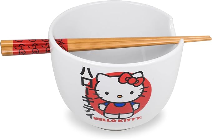 Silver Buffalo Sanrio Hello Kitty Japanese Ceramic Ramen Noodle Rice Bowl with Chopsticks, Microwave Safe, 20 Ounces