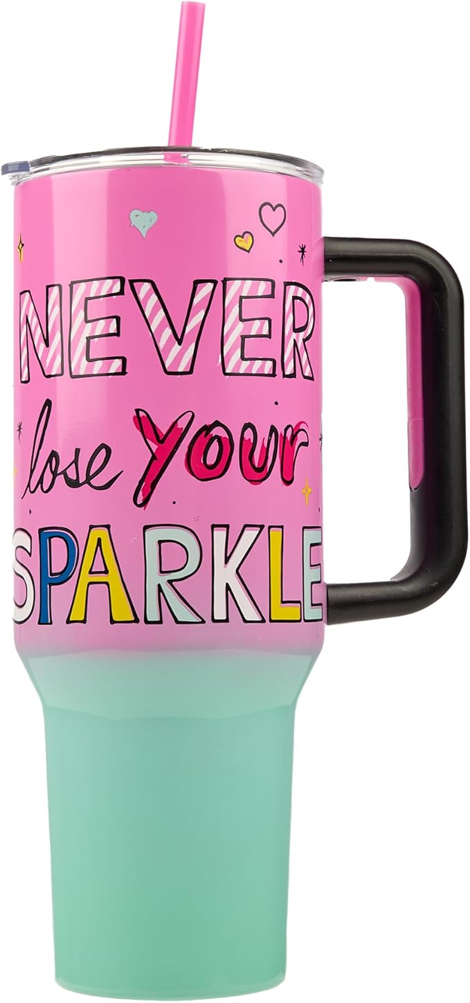 Bioworld Hello Kitty “Never Lose Your Spark” Vacuum Insulated 40 Oz. Pink & Green Ombre Stainless Steel Tumbler with Leak-Proof Lid & Easy Carry Handle for Travel or Home