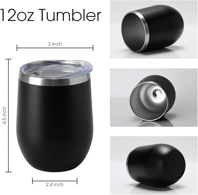 HASLE OUTFITTERS 12oz Wine Tumbler with Lid Stemless Wine Glasses Double Wall Vacuum Travel Mugs stainless steel Coffee Cup for Cold & Hot Drinks Wine Coffee Cocktails Beer 6 Pack Black