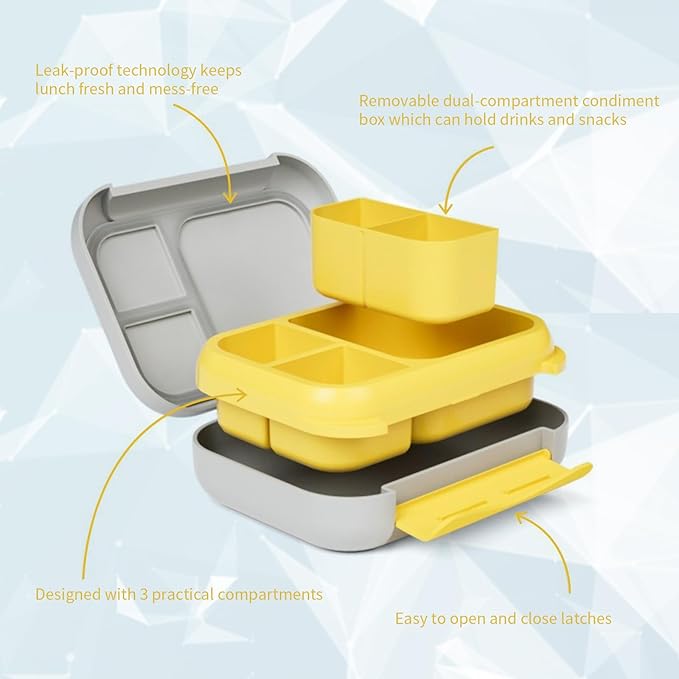 Prints Leak-Proof XL Lunch Box - Reusable 3-Compartment Containers Bento Box for meal Prepping;5-Cup Capacity for Adults & Ages 8+, BPA-Free, Dishwasher Safe (Yellow - Trucks)