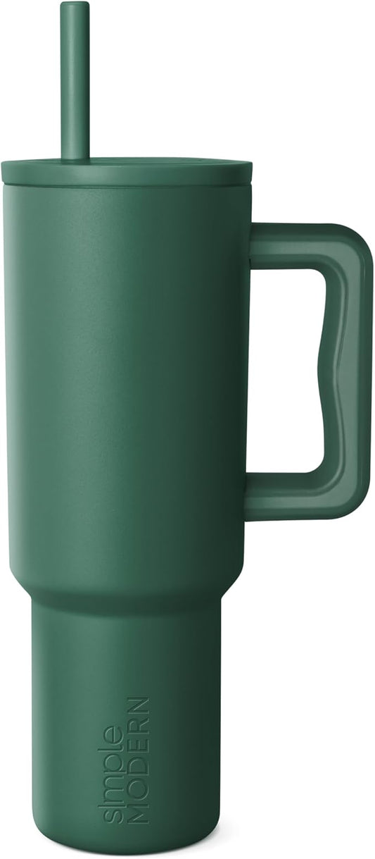 Simple Modern 40 oz Tumbler with Handle and Straw Lid | Leak-Proof Insulated Stainless Steel Water Bottle Travel Mug Cupholder Use | Gifts for Women Men Him Her | Trek Signature | Forest