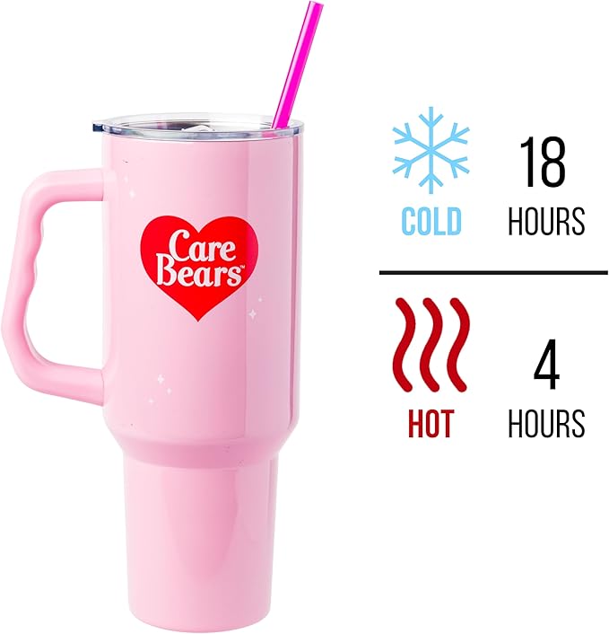 Silver Buffalo Care Bears “Mood” Stainless Steel Tumbler with Handle Featuring Love-A-Lot Bear, Fits in Standard Cup Holder, 40 Ounces
