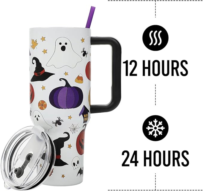Bioworld Halloween Scary Icons 40 Oz Vacuum Insulated White Stainless Steel Tumbler with Handle & Leak-Proof Lid, Double-Wall Design for Hot or Cold Drinks