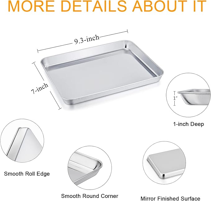 TeamFar Toaster Oven Pans, 9.3'' x 7'' x 1'' Stainless Steel Compact Toaster Oven Tray Ovenware, Healthy & Heavy Duty, Roll Edge & Mirror Finish, Easy Clean & Dishwasher Safe-2 PCS
