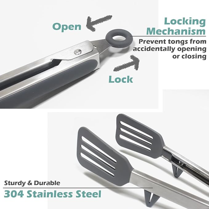 Tongs for Cooking, 12" Kitchen Tongs with Silicone Tips, Food Grade Serving Tongs Set of 3, Grey