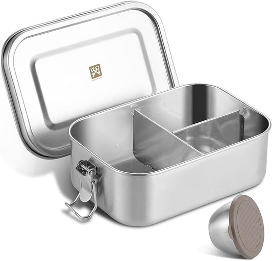 GOLDEN KEY Stainless Steel Lunch Box for Kids,BPA Free Bento Box for Kids with Leakproof Condiment Container,3 Compartment Bento box for School and Eating Out,Freezer & Dishwasher Safe(Brown)