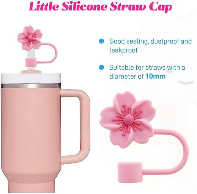 3pcs Cherry Blossom Silicone Straw Cover Cap for Stanley Cup,Straw Topper 10 mm 0.4 in Reusable Straw Tips Lids,Flower Straw Tip Covers Gift for Party Decor