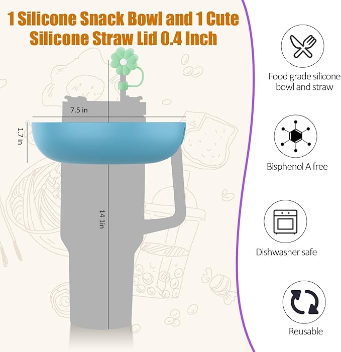 Snack Bowl for Stanley Cup 30 oz with Handle-Perfectly Compatible with Stanley Quencher H2.0 Tumbler 30 oz with Handle, Reusable Silicone Snack Tray, Stanley cup accessories (Cream Snack Bowl)