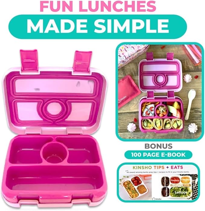 Bento Lunch Box Kids Toddlers: Leakproof Lunch Containers for Boys & Girls with 4 Compartments - School, Daycare, Pre-School, Snack Container with Lid Utensil, BPA-Free Boxes, Age 3+, Pink Unicorn