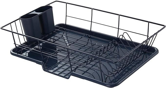 Sweet Home Collection Space-Saving 3-Piece Dish Drainer Rack Set: Efficient Kitchen Organizer for Quick Drying and Storage - Includes Cutlery Holder and Drainboard - Maximize Countertop Space, Navy