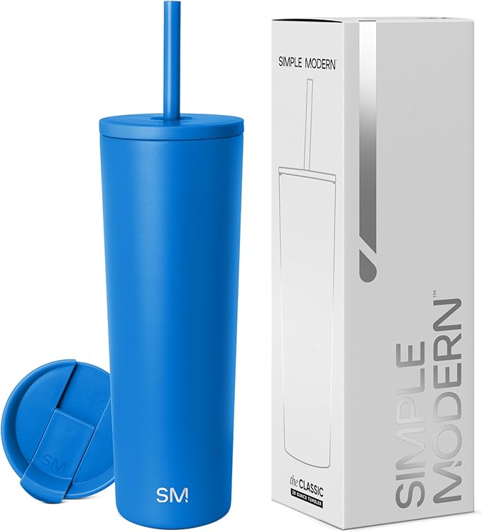 Simple Modern Insulated Tumbler with Lid and Straw | Iced Coffee Cup Reusable Stainless Steel Water Bottle Travel Mug | Gifts for Women Men Her Him | Classic Collection | 28oz | Supersonic Blue