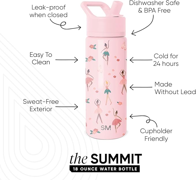 Simple Modern Kids Summit Water Bottle with Straw Lid | 18oz Stainless Steel Cup Insulated Tumbler for Toddlers, School | Pink Ballerina