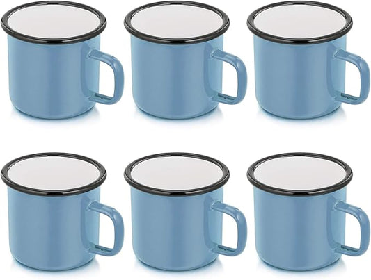 P&P CHEF Enamel Camping Coffee Mug Set of 6, Small Colored Mugs Cups for Family Gathering/Friend Party/Camping/Picnic/Fishing, Lightweight & Portable -12 Ounce, 350ML & Blue