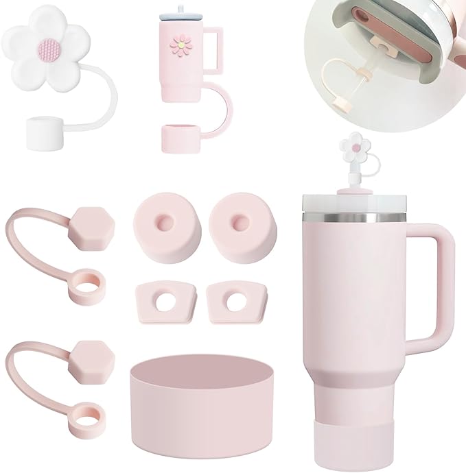 Stanley Cup Accessories Set Including 6 Pcs Silicone Spill Proof Stopper, 2 Pcs Straw Cover Cap for 9-10 mm Straws, 1 Pcs Silicone Boot for Stanley Cup 40oz & 30oz Tumbler (ROSE QUARTZ)
