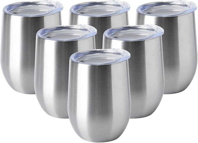 HASLE OUTFITTERS 12oz Wine Tumbler with Lid Stemless Wine Glasses Double Wall Vacuum Travel Mugs stainless steel Coffee Cup for Cold & Hot Drinks Wine Coffee Cocktails Beer 6 Pack Stainless Steel