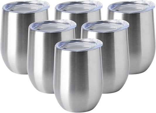 HASLE OUTFITTERS 12oz Wine Tumbler with Lid Stemless Wine Glasses Double Wall Vacuum Travel Mugs stainless steel Coffee Cup for Cold & Hot Drinks Wine Coffee Cocktails Beer 6 Pack Stainless Steel