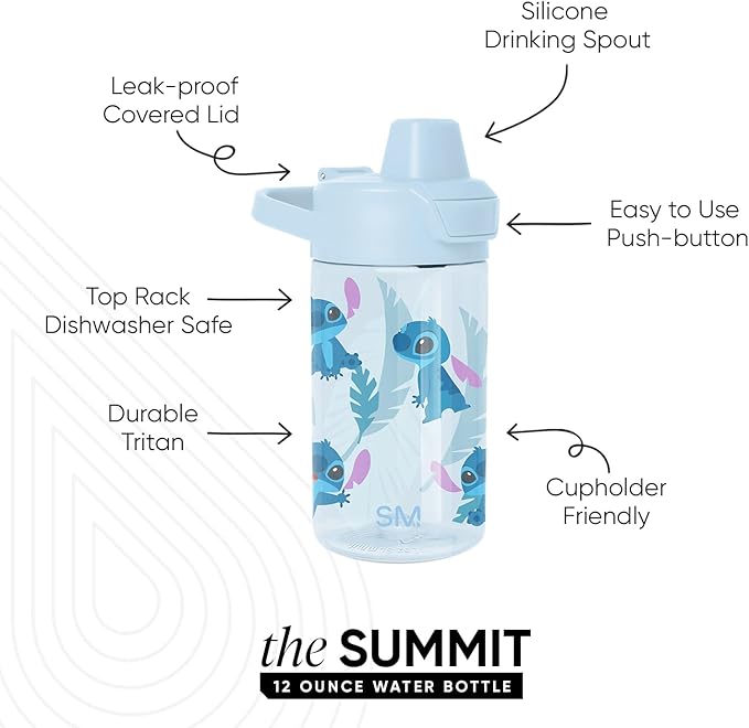 Simple Modern Disney Kids Tritan Plastic Summit Water Bottle | 12 oz BPA-Free Cup with Covered Leak Proof Straw Lid for Girls, Boys, Toddlers | Tropical Stitch
