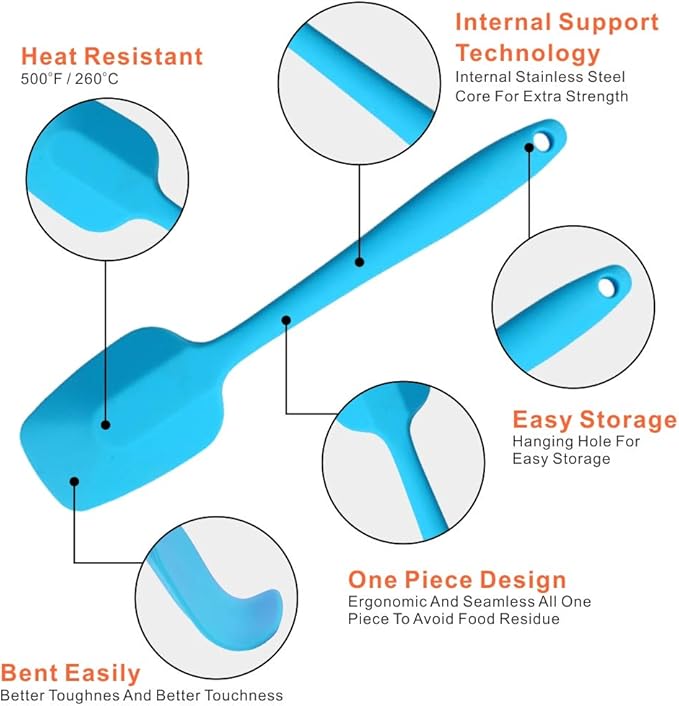 Silicone Spatulas Set, Rubber Spoon Spatula Heat Resistant Spoonula One Piece Design Seamless Spatula Non-Stick Scrapers Baking Mixing Tool (Blue Set)