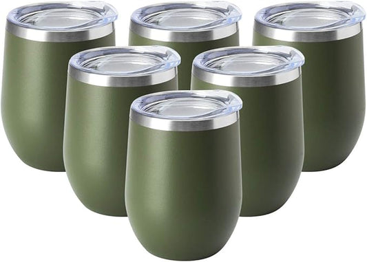 HASLE OUTFITTERS 12oz Wine Tumbler with Lid Stemless Wine Glasses Double Wall Vacuum Travel Mugs stainless steel Coffee Cup for Cold & Hot Drinks Wine Coffee Cocktails Beer 6 Pack Army Green