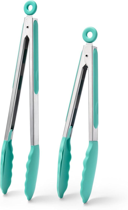 Doosu Kitchen Tongs for Cooking - 600°F Heat Resistant Food Tong Set with Non-Scratch Silicone Tips, Heavy Duty Stainless Steel Locking Tong for BBQ, Grilling Steak, Serving Salad (9+12in, Aqua Sky)