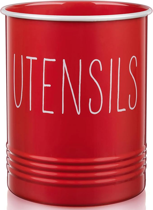Bivvclaz Kitchen Utensil Holder - 6.7" Utensil Holder for Kitchen Counter - Cooking Utensil Crock with Cork Bottom - Red Decor and Accessories - Countertop Utensil Storage Caddy Organizer