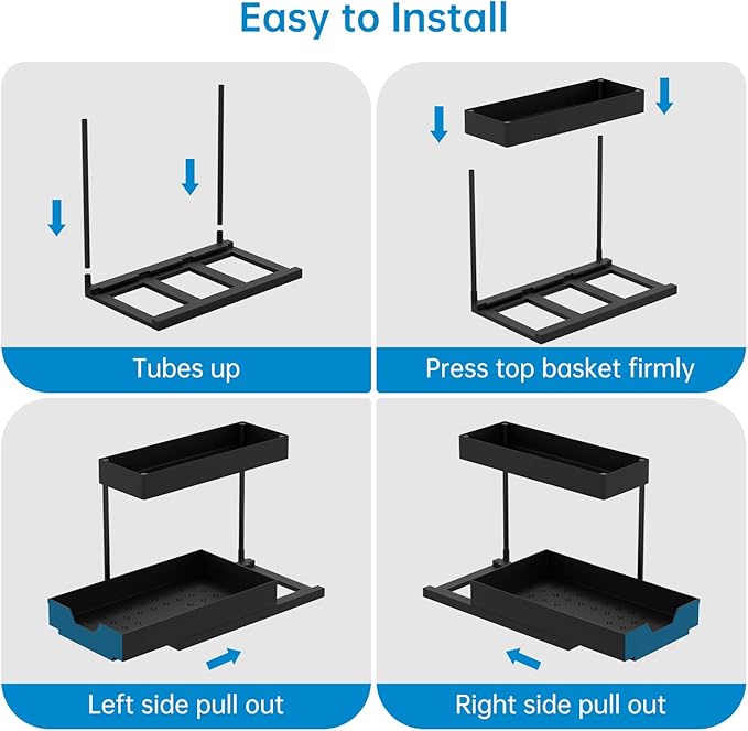 NATURE'S SOURCE Under Sink Organizers, Sliding L-shape Cabinet Organizers Narrow Space Storage Multi-purpose Sink Organizer Baskets with 4 Hook for Bathroom Kitchen Drawer (Black, 1 pack)
