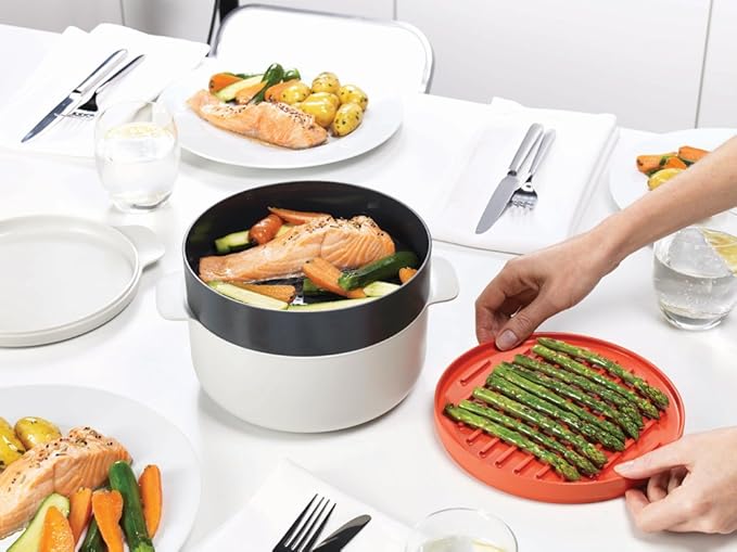 Joseph Joseph M-Cuisine Microwave 4-Piece Stackable Cooking Set, 2 liter cooking pot, steamer, griddle and lid, Orange/Beige