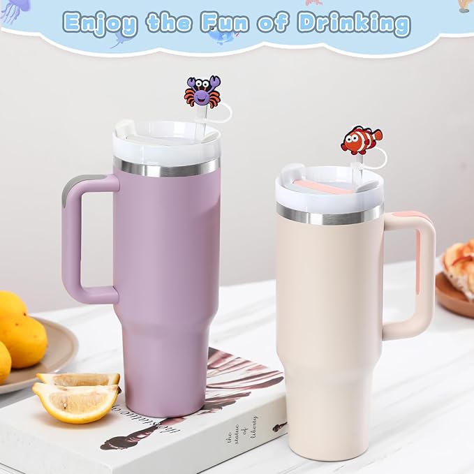 9PCS Straw Covers for Stanley Cup Tumbler 30 oz / 40 oz Leak Proof Straw Toppers 10mm Silicone Sea Animal Caps for Stanley Cup Accessories-Marine Wildlife