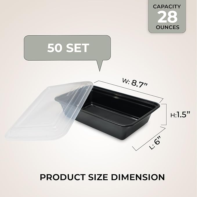 Klex 28 Oz, 50 Sets Meal Prep Containers with Airtight Lids, BPA Free, Reusable Plastic Food Container, 28 oz, Rectangular, Black/Clear, 50 Sets