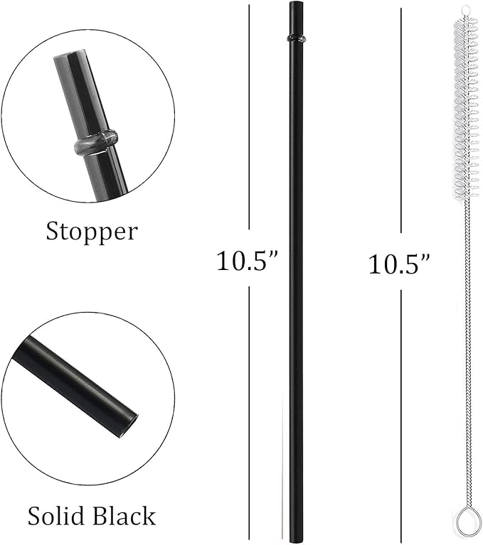 ALINK 12-Pack Reusable Black Straws, 10.5" Long Hard Plastic Tumbler Replacement Straws for 16 OZ 20 OZ 30 OZ Stanley, YETI, Mason Jar, Starbucks Tumblers, Set of 10 with Cleaning Brush