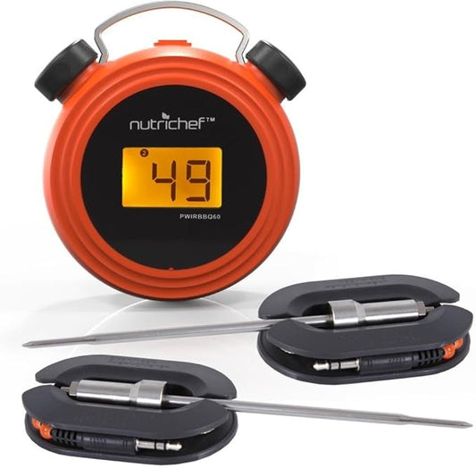NutriChef Smart Bluetooth BBQ Grill Thermometer - Digital Display, Stainless Dual Probes Safe to Leave in Outdoor Barbecue Meat Smoker - Wireless Remote Alert iOS Android Phone WiFi App - PWIRBBQ60