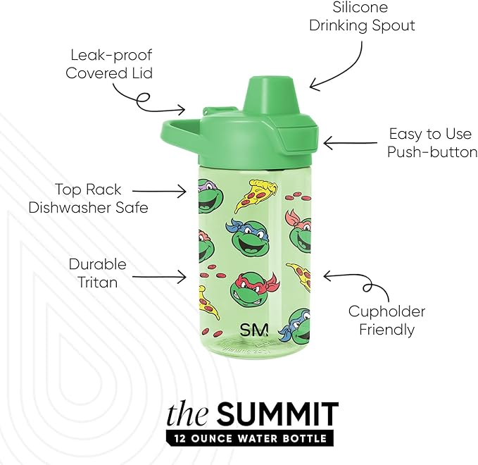 Simple Modern Teenage Mutant Ninja Turtles Kids Tritan Plastic Summit Water Bottle | 12 oz BPA-Free Cup with Covered Leak Proof Straw Lid for Boys, Toddlers | Pizza Time