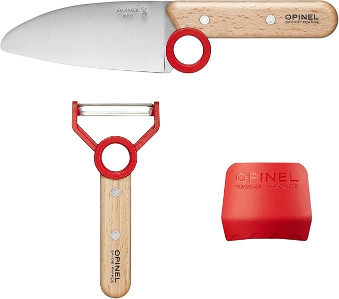 Opinel Le Petit Chef Complete 3 Piece Kitchen Set, Chef Knife with Rounded Tip, Fingers Guard, Peeler, For Children and Teaching Food Prep and Kitchen Safety, Made in France