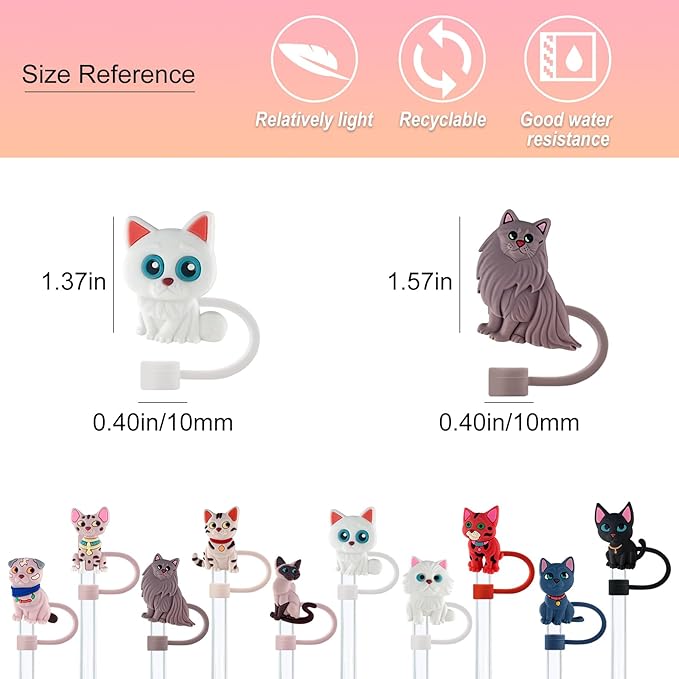 Velaco 10Pcs 0.4in/10mm Diameter Silicone Straw Covers Cap Compatible with Stanley 20 30&40 Oz Cup, Cute Cat Straw Toppers for Stanley 40 Oz Tumbler with Handle, Dust-Proof Straw Caps for Water Bottle