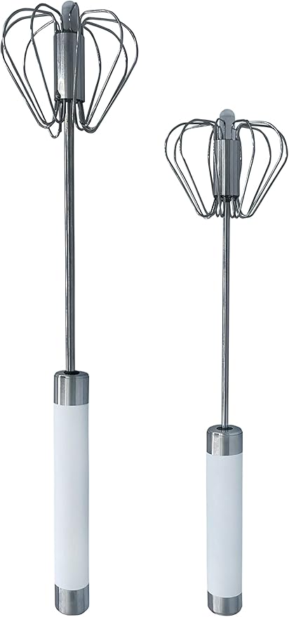 Stainless Steel Push Whisk - Easy to Use Manual Hand Mixer & Plunger Whisk - Make Froth, Foam & Whipped Cream - Semi Auto Egg Beater Plastic Tip Won’t Scratch Pans (2 Pack 10in & 12in) WHITE