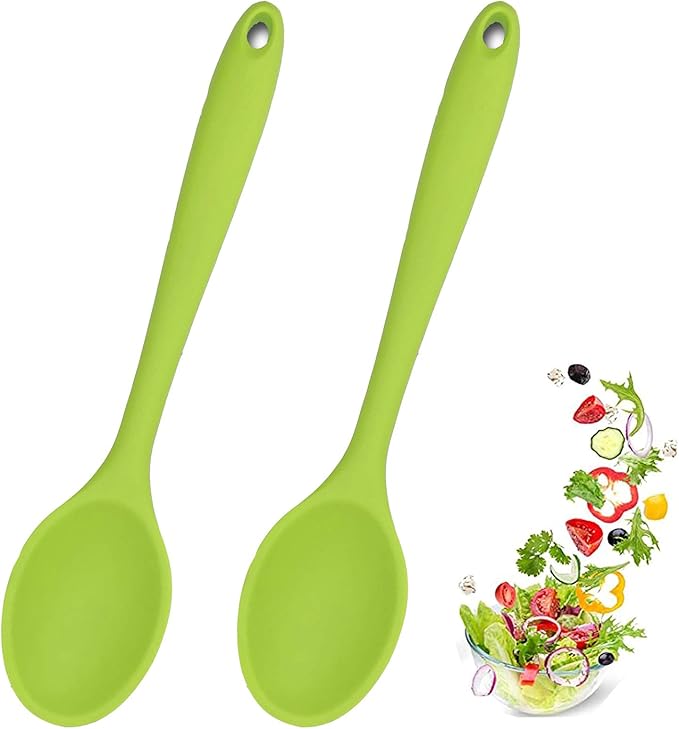 Meajore 2 Pcs Silicone Spoons for Cooking Heat Resistant, Hygienic Design Cooking Utensi Mixing Spoons for Kitchen Cooking Baking Stirring Mixing Tools (Green)