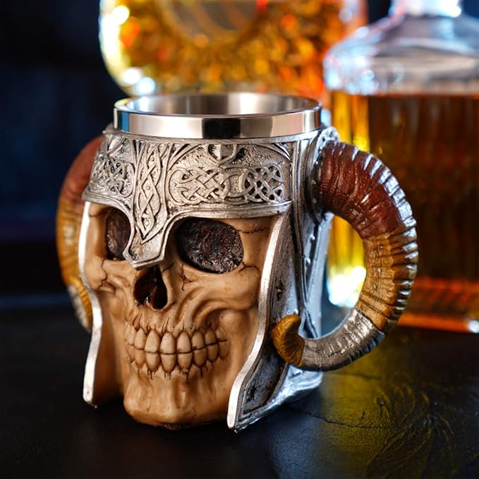 Stainless Steel Double Handle Horn Skull Beer Cup, Viking Warrior Skull Mug Tankard, Medieval Drinkware Mug for Coffee/Beverage/Juice 17oz.