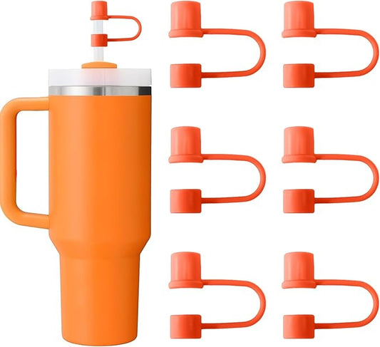 6PCS Silicone Straw Covers Cap Compatible with Stanley Cup 30-40 oz Tumbler with Handle 10mm Straw Toppers Reusable Straw Cover for Stanley Cup Accessories （Orange）