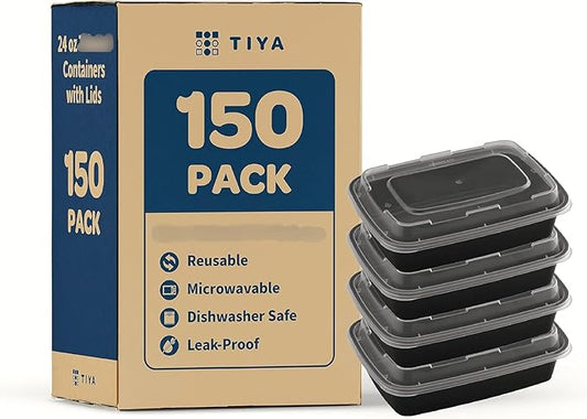 TIYA Food Containers - 38 oz Bulk 150 Pack with Lids - Rectangular Plastic To-Go Containers - Reusable, Microwavable, Dishwasher Safe - Leak-Proof for Meal Prep - BPA-Free