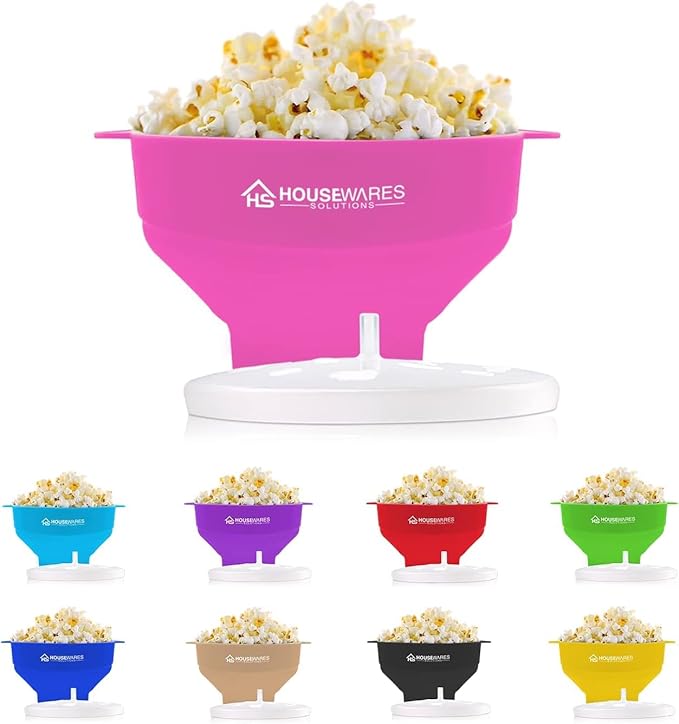 Collapsible Silicone Microwave Hot Air Popcorn Popper Bowl With Lid and Handles (Pink)