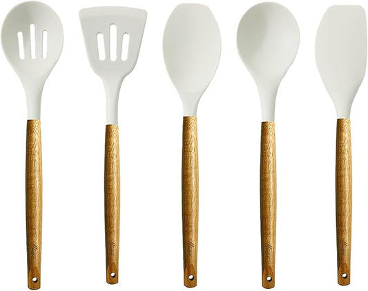 Kitchen Utensils Set, Silicone Cooking Utensils Set,Non-Stick Silicone Spatula Set with Natural Acacia Hard Wood Handle, 5 Piece, Upgraded Thickened Cookware