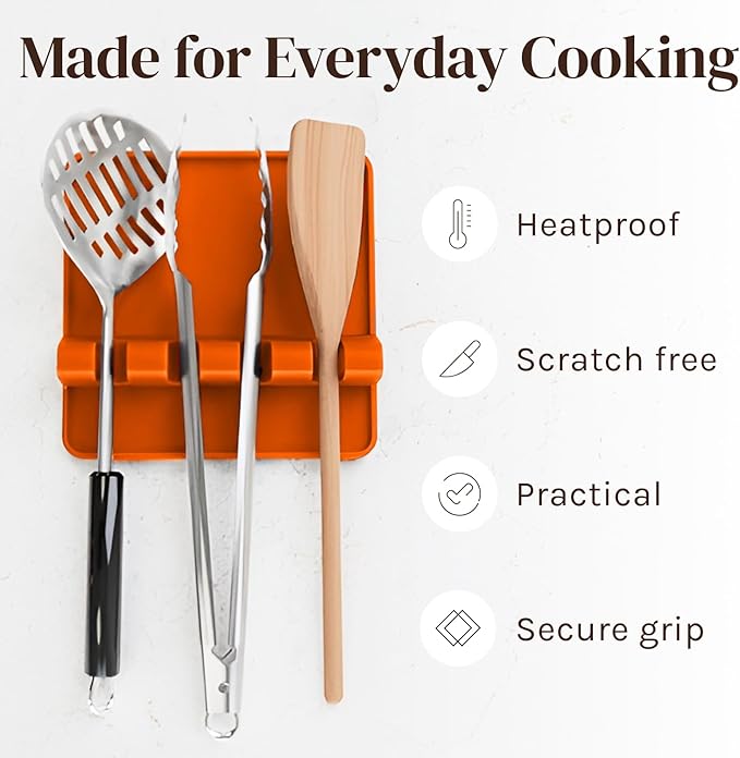 Orange Silicone Spoon Rest for Stove Top with Drip Pad (Two Pack) - Heat Resistant BPA Free Utensil Rest & Spoon Holder for Kitchen Counter - Grill Utensil Holder - Spatula Holder, Tongs, Ladle