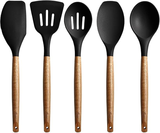 Kitchen Utensils Set, Silicone Cooking Utensils Set,Non-Stick Silicone Spatula Set with Natural Acacia Hard Wood Handle, 5 Piece, Upgraded Thickened Cookware