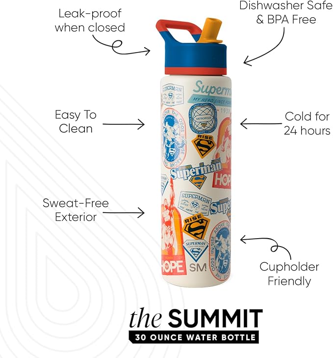 Simple Modern Summit Water Bottle with Straw Lid | DC Comics 30oz Leak Proof Stainless Steel Insulated Cup | Gifts for Her Him | Superman Up in the Sky