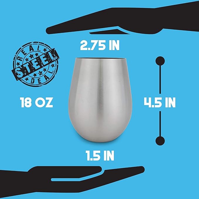 Stainless Steel Unbreakable Wine Tumblers: Stemless Camping Wine Glasses, NO LIDS, Cool Outdoor 18 oz Metal Wine Glass Set of 4 - Portable for Pool, Picnic - Drinking Cups for Outdoors