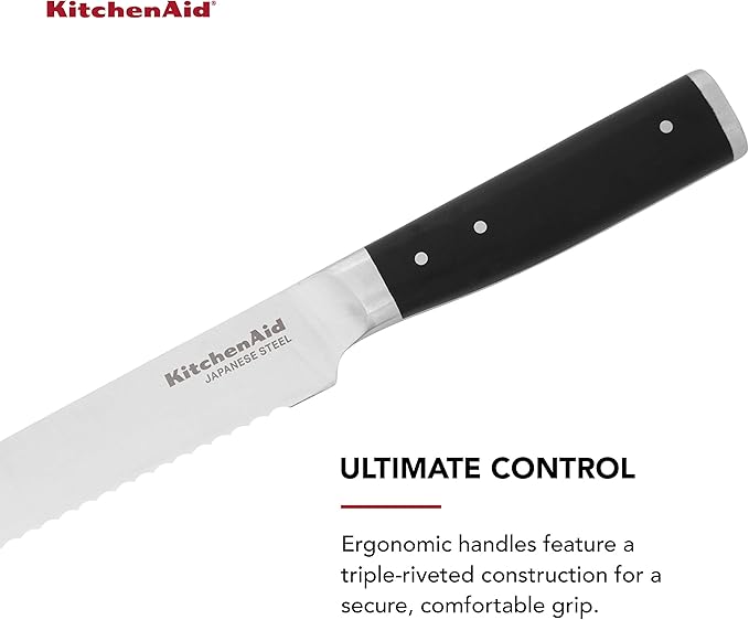 KitchenAid Gourmet Forged Triple Rivet Bread Knife with Custom-Fit Blade Cover, 5-inch, Sharp Kitchen Knife, High-Carbon Japanese Stainless Steel Blade, Black
